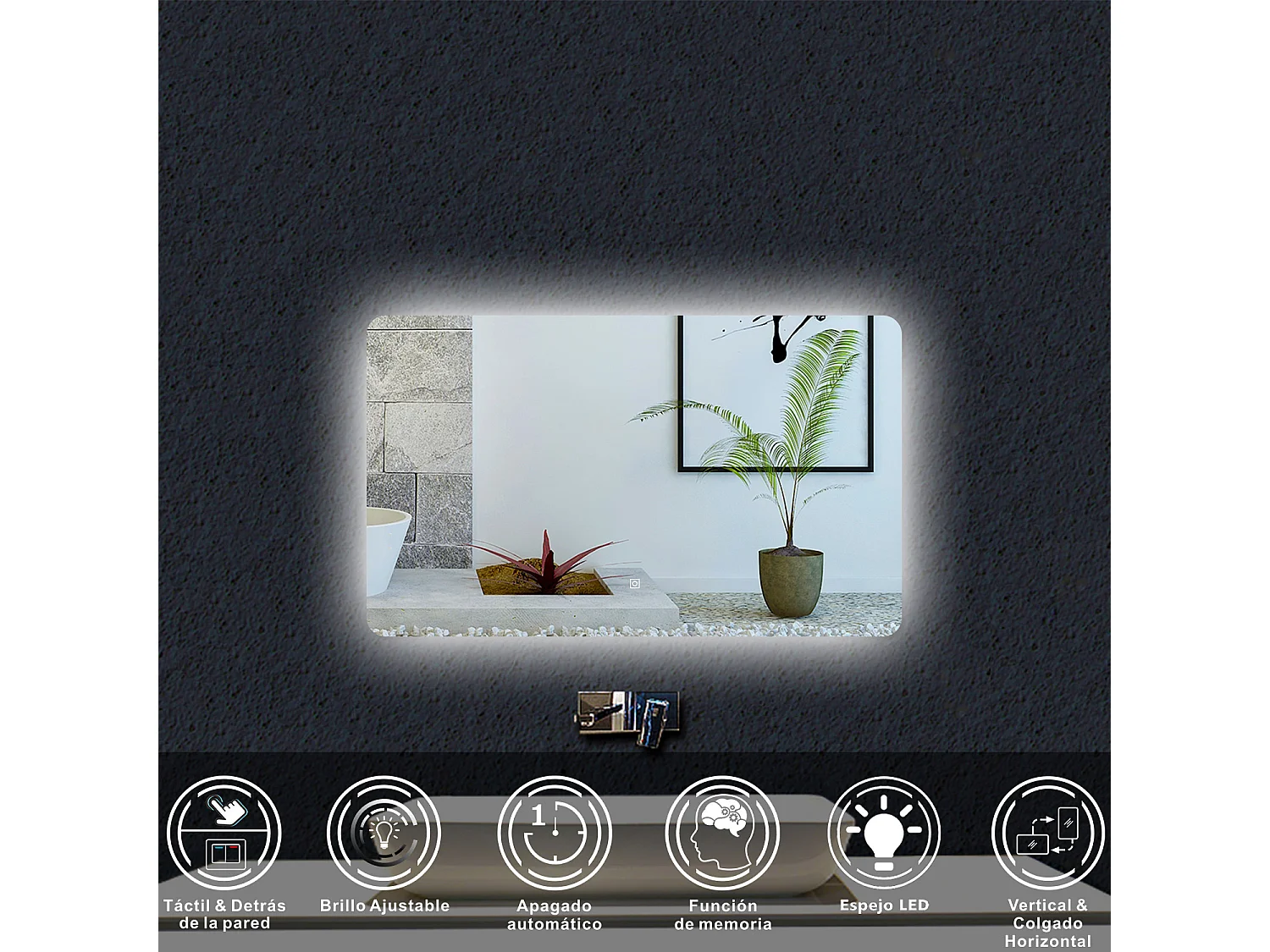 AICA Espejo de baño con luz LED,100 x 70 cm,luz led+ brillo ajustable+ función de memoria agapada