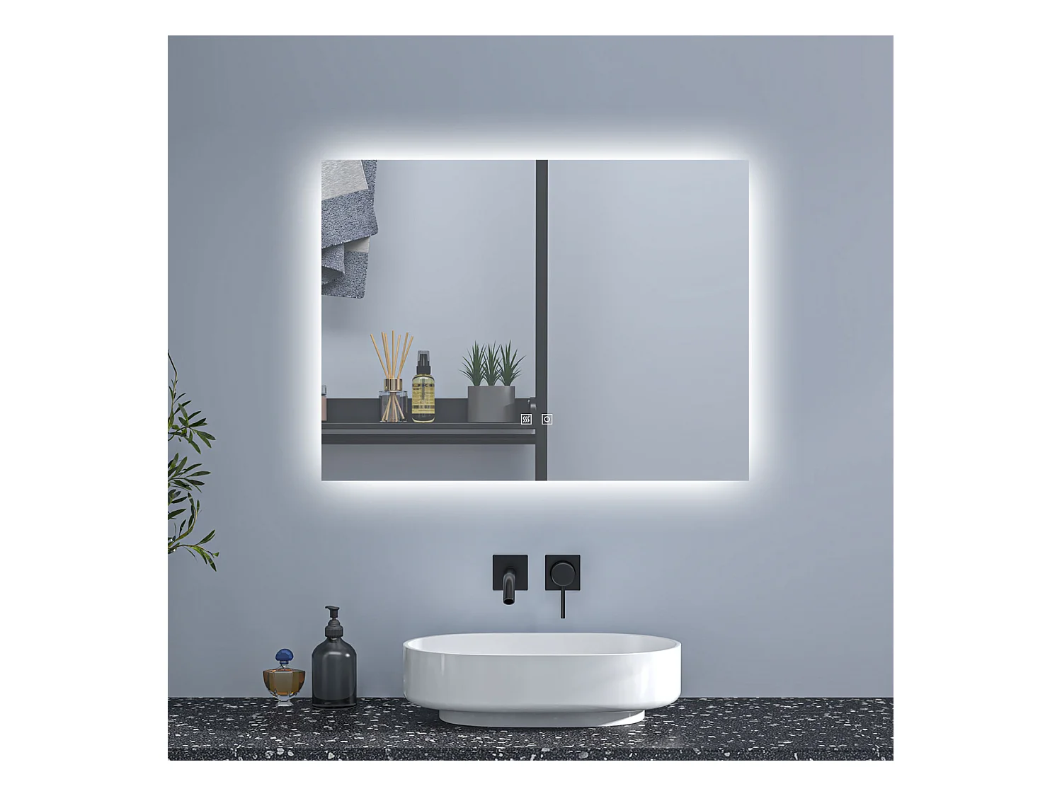 AICA Espejo de baño con luz LED,90 x 70 cm,luz tres colores+ antivaho+ brillo ajustable+ función de menmoria agapada