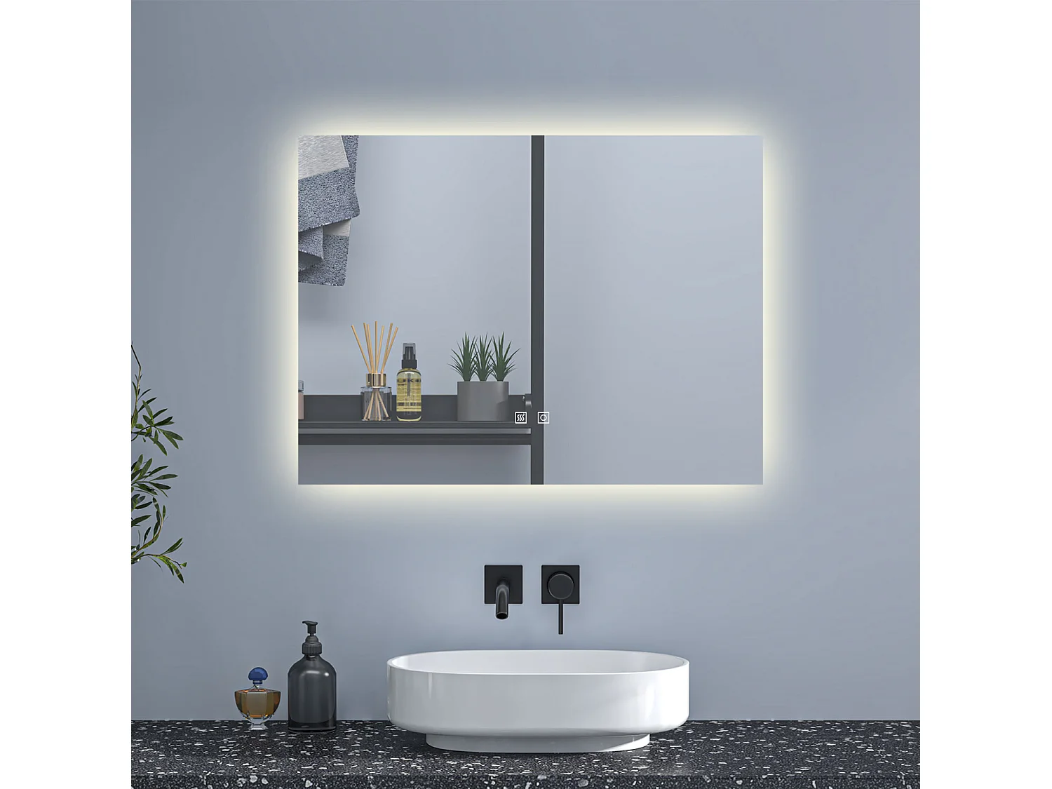 AICA Espejo de baño con luz LED,90 x 70 cm,luz tres colores+ antivaho+ brillo ajustable+ función de menmoria agapada