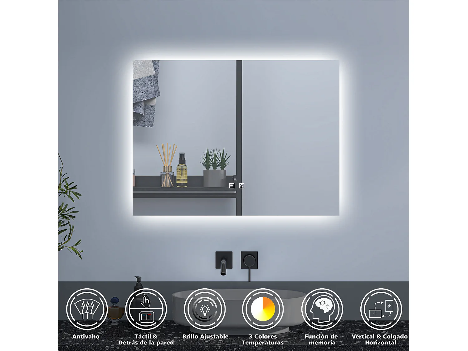 AICA Espejo de baño con luz LED,90 x 70 cm,luz tres colores+ antivaho+ brillo ajustable+ función de memoria agapada