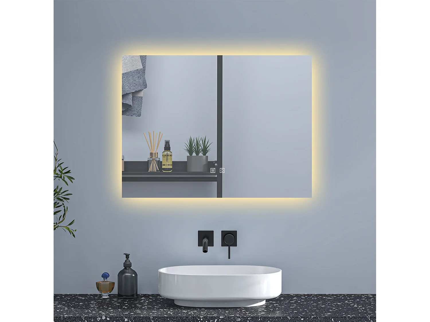 AICA Espejo de baño con luz LED,90 x 70 cm,luz tres colores+ antivaho+ brillo ajustable+ función de memoria agapada