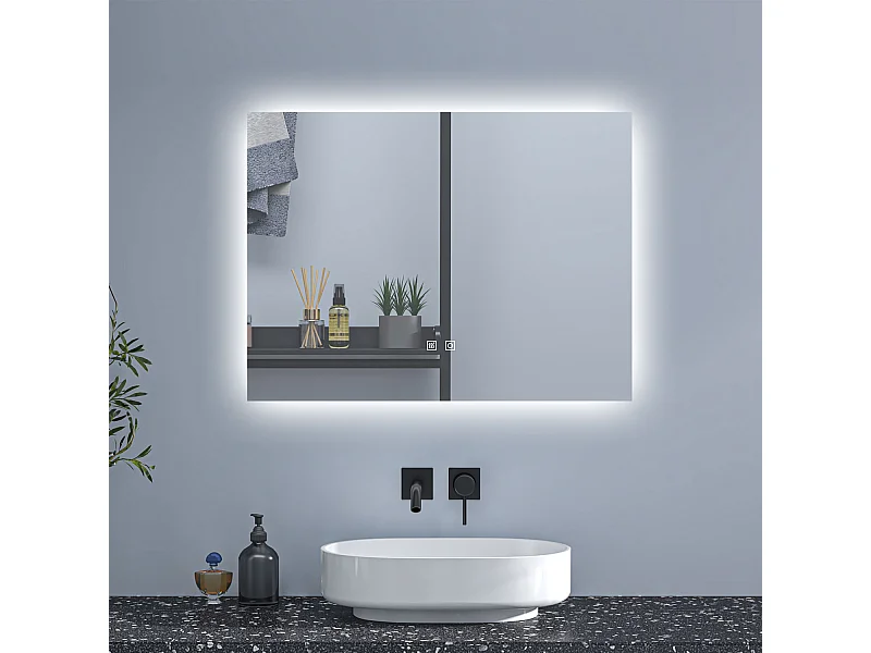 AICA Espejo de baño con luz LED,90 x 70 cm,luz tres colores+ antivaho+ brillo ajustable+ función de memoria agapada