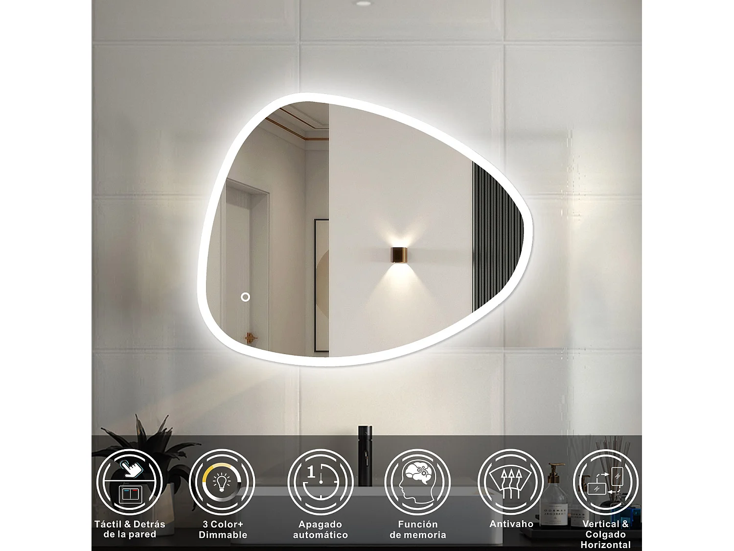 AICA Espejo de baño con luz LED,80 x 65 cm,luz tres colores+ antivaho+ brillo ajustable+ función de memoria agapada