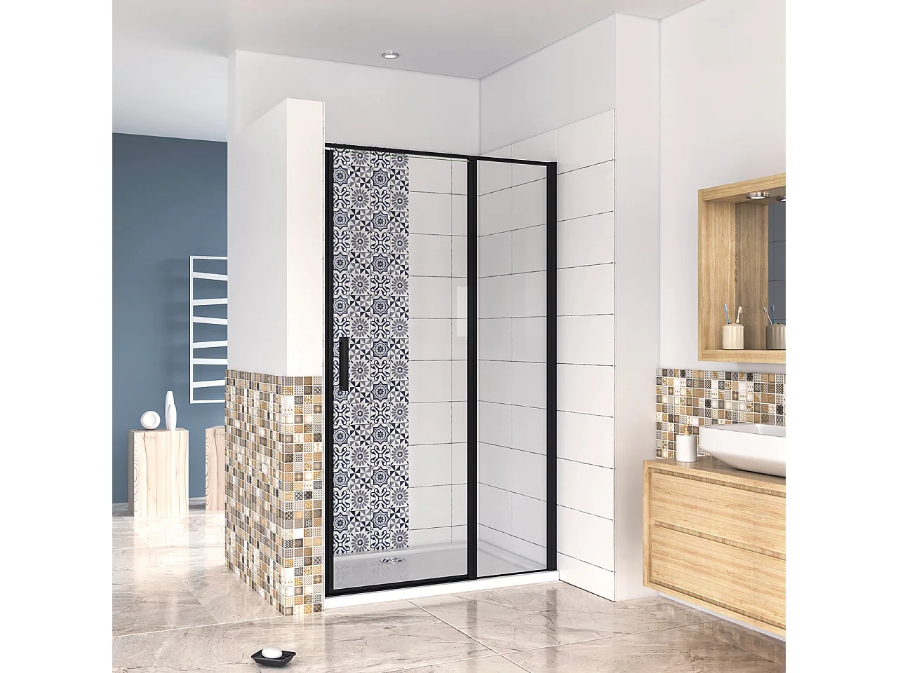 100x185 cm Box Doccia per Nicchia Porta Battente Verso Esterno in Vetro Temperato Trasparente Anticalcare 6 mm Profilo Nero Opaco