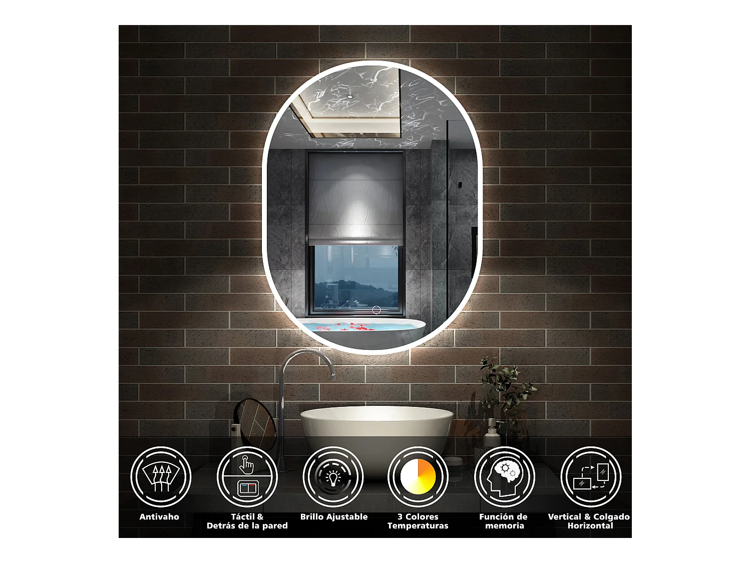 Espejo de baño con Led,50 x 100 cm, Luz led con tres colores,Con función antivaho, memoria agapada, brillo ajustable.