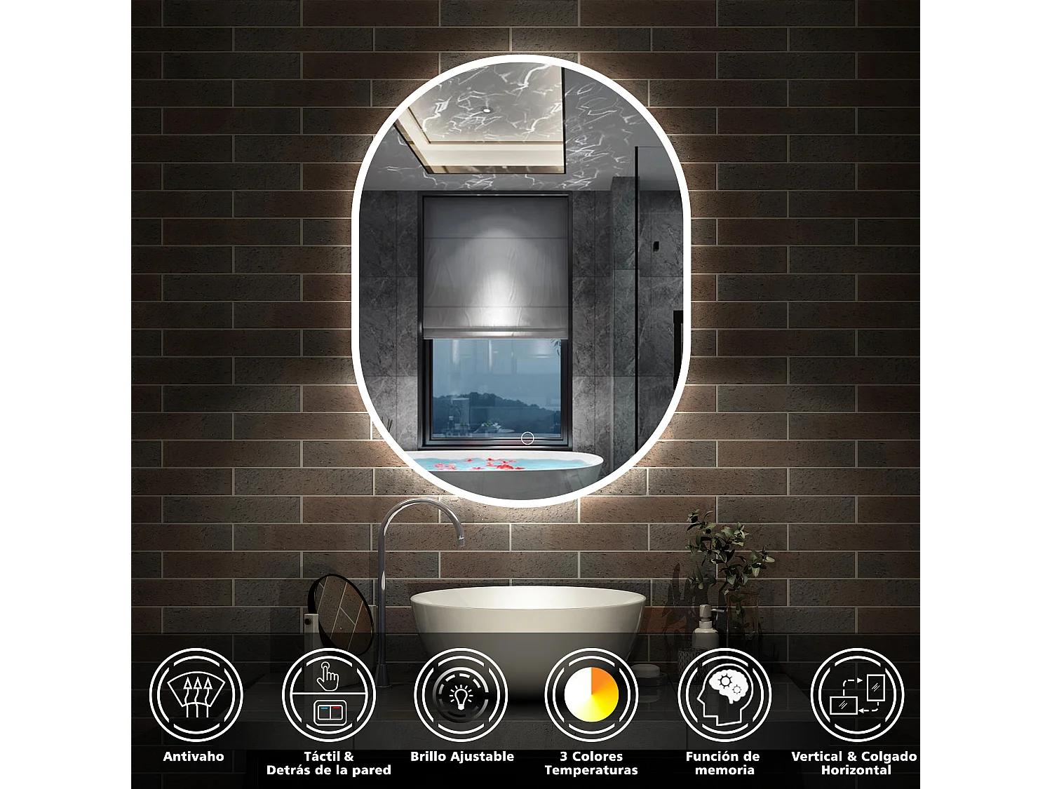 Espejo de baño con Led,50 x 100 cm, Luz led con tres colores,Con función antivaho, memoria agapada, brillo ajustable.