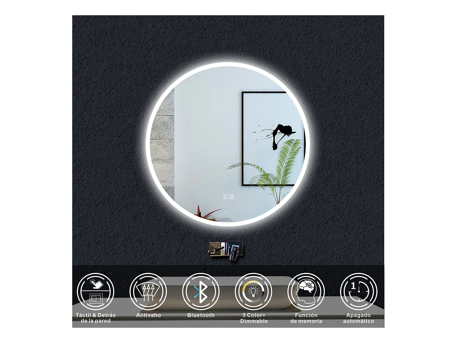 Espejo de baño con Led,70 x 70 cm, Luz led con tres colores,Con función antivaho, bluetooth, memoria agapada, y brillo ajustable.