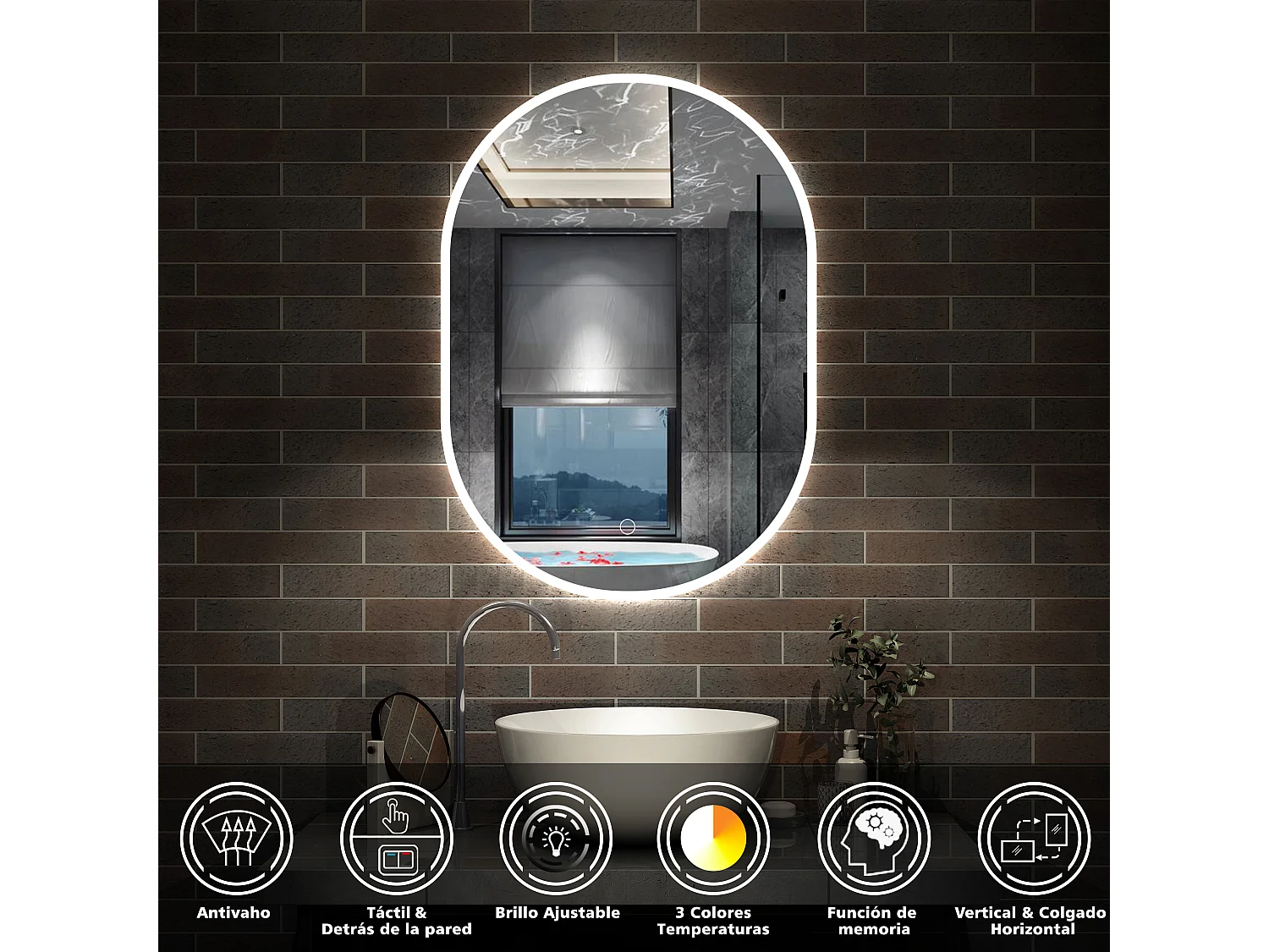 Espejo de baño con Led,50 x 90 cm, Luz led con tres colores,Con función antivaho, memoria agapada, brillo ajustable.