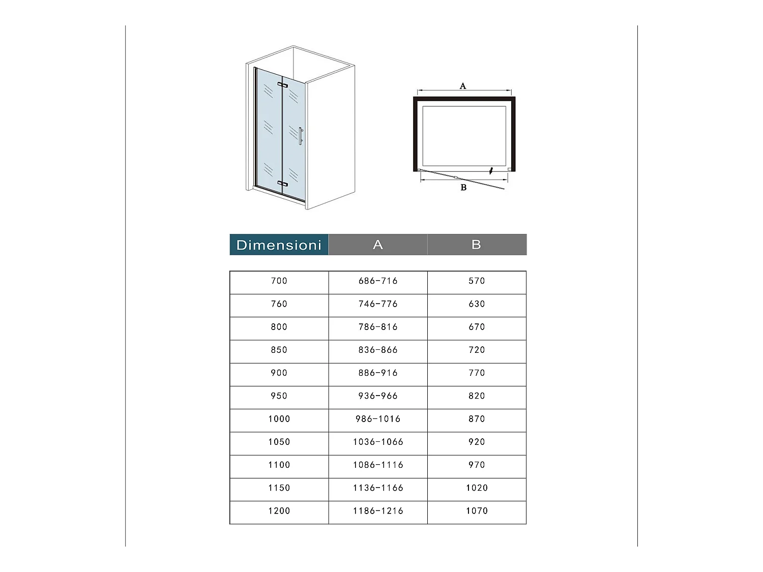 85x195 cm Porta Doccia Per Nicchia Battente e Pieghevole a Libro In Vetro Temperato Trasparente Anticalcare Da 6 mm