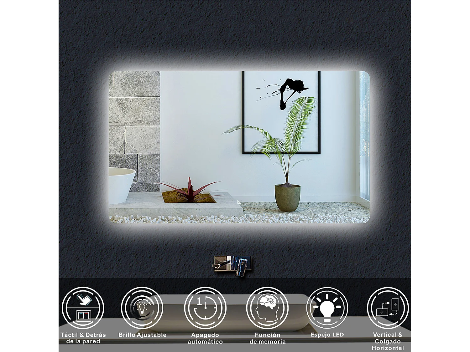 AICA Espejo de baño con luz LED,120 x 70 cm,luz led+ brillo ajustable+ función de memoria agapada