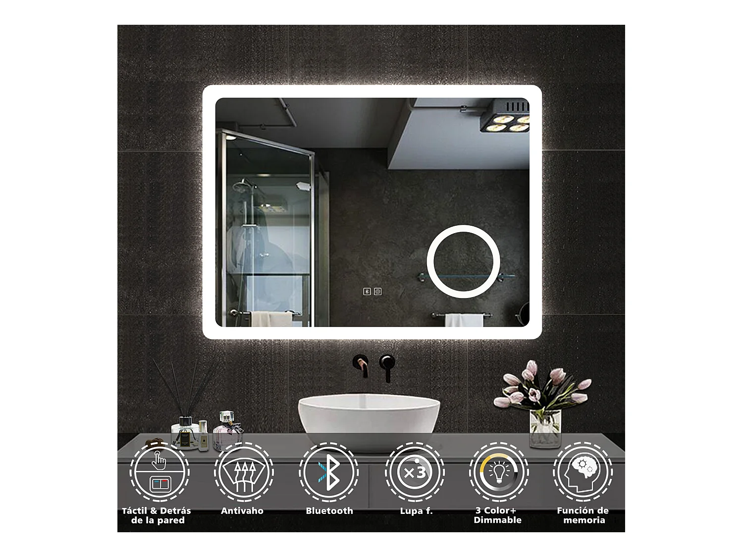 Espejo de baño con Led,80 x 60 cm, Luz led con tres colores,Con función antivaho, bluetooth y Lupa de aumento 3x.
