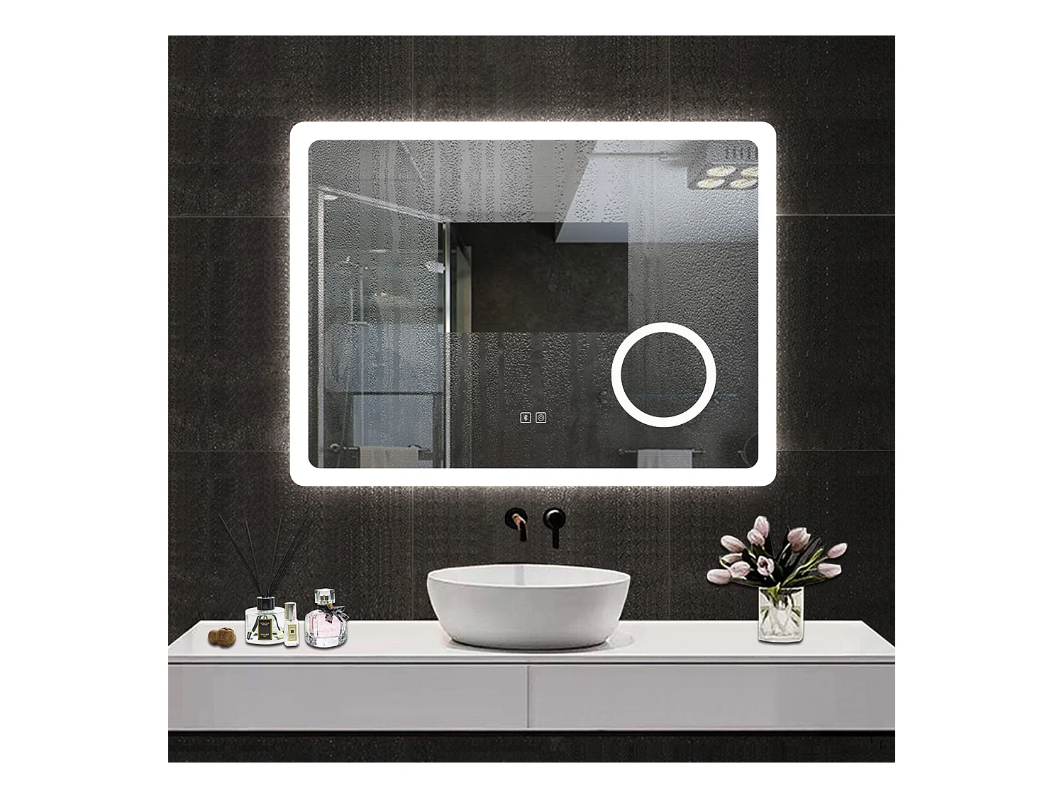 Espejo de baño con Led,80 x 60 cm, Luz led con tres colores,Con función antivaho, bluetooth y Lupa de aumento 3x.