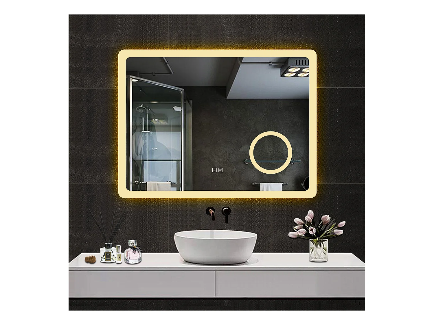 Espejo de baño con Led,80 x 60 cm, Luz led con tres colores,Con función antivaho, bluetooth y Lupa de aumento 3x.