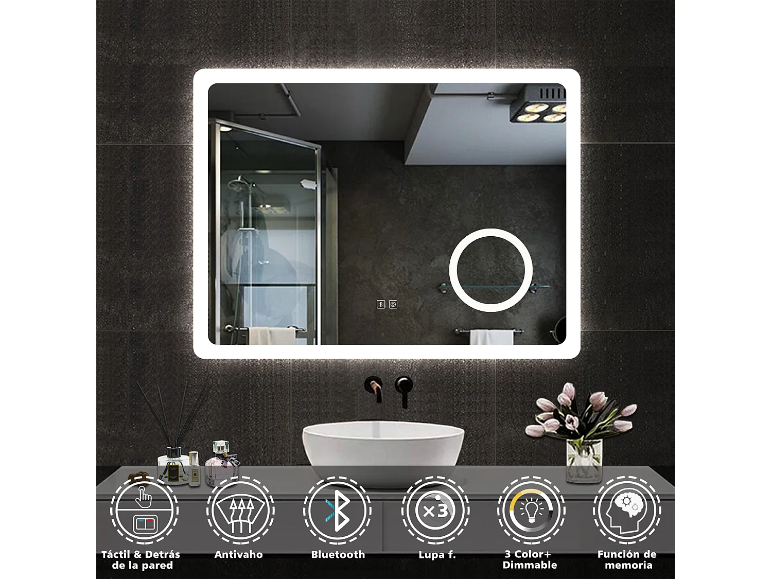 Espejo de baño con Led,80 x 60 cm, Luz led con tres colores,Con función antivaho, bluetooth y Lupa de aumento 3x.