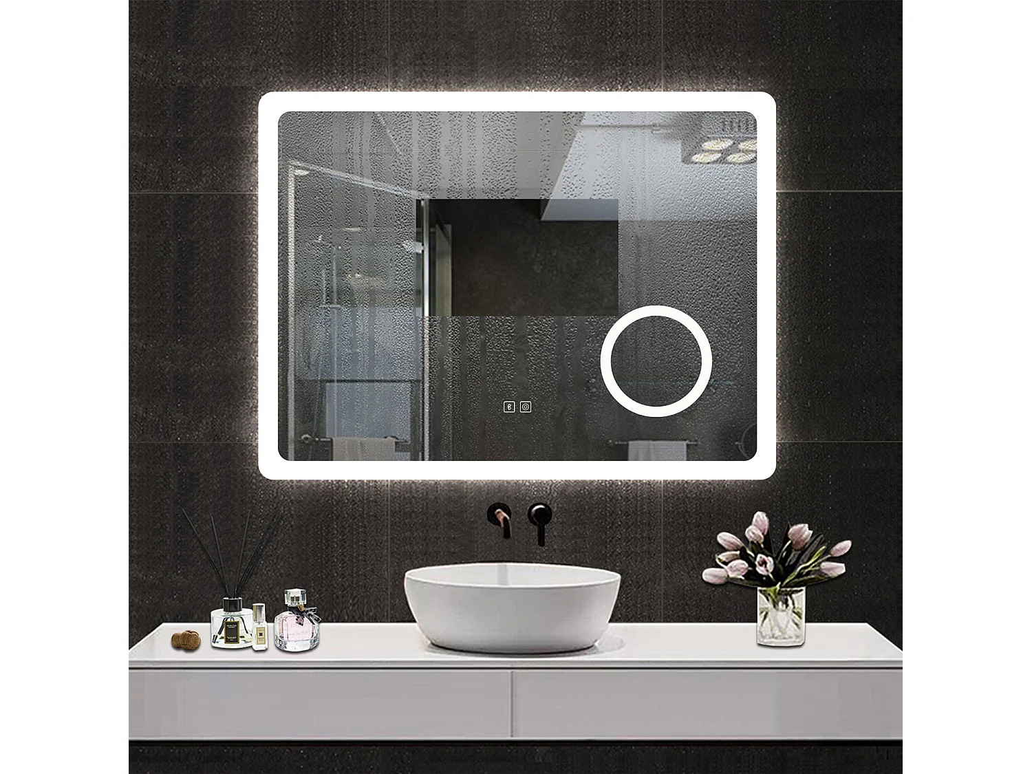 Espejo de baño con Led,80 x 60 cm, Luz led con tres colores,Con función antivaho, bluetooth y Lupa de aumento 3x.