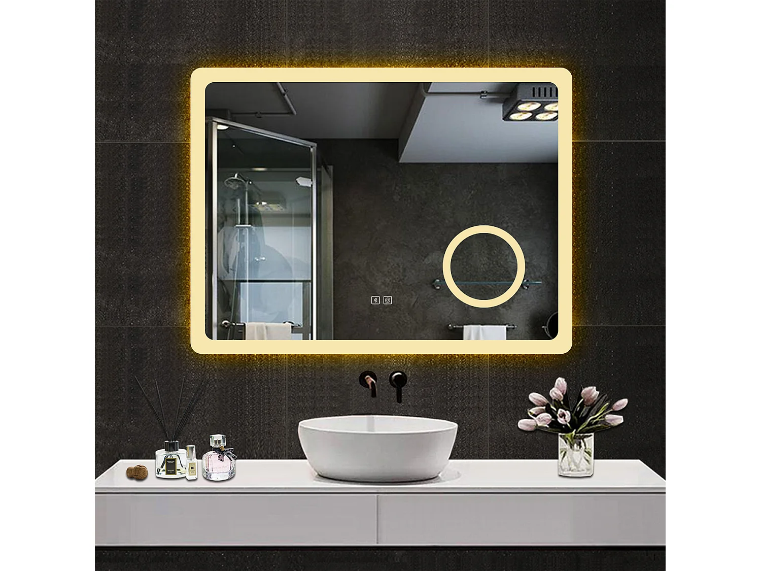 Espejo de baño con Led,80 x 60 cm, Luz led con tres colores,Con función antivaho, bluetooth y Lupa de aumento 3x.
