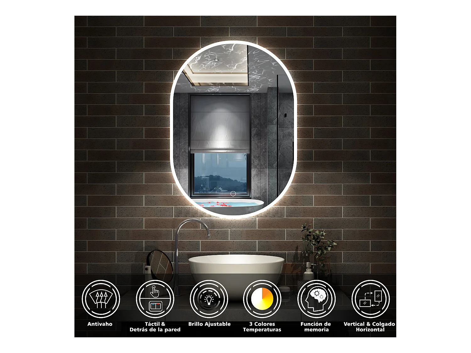 Espejo de baño con Led,45 x 90 cm, Luz led con tres colores,Con función antivaho, memoria agapada, brillo ajustable.