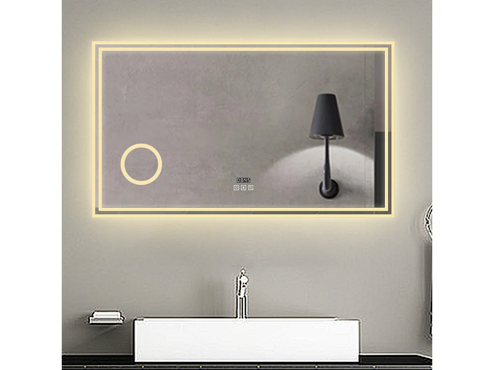Espejo de baño con Led,120 x 70 cm, Luz led con tres colores,Con función antivaho,reloj digital, bluetooth y Lupa de aumento 3x.