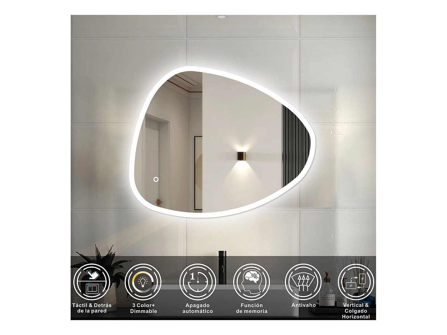 AICA Espejo de baño con luz LED,100 x 80 cm,luz tres colores+ antivaho+ brillo ajustable+ función de menmoria agapada