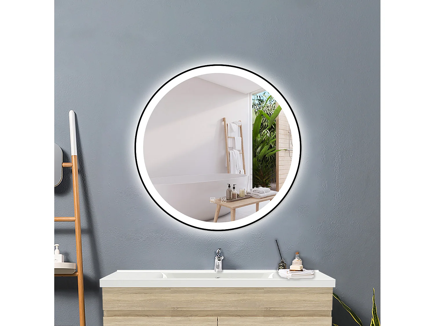 Espejo de baño con Led,80 x 80 cm, Luz led con tres colores,Con función antivaho,memoria agapada y brillo ajustable.Marco negro, diseño contemporáneo.