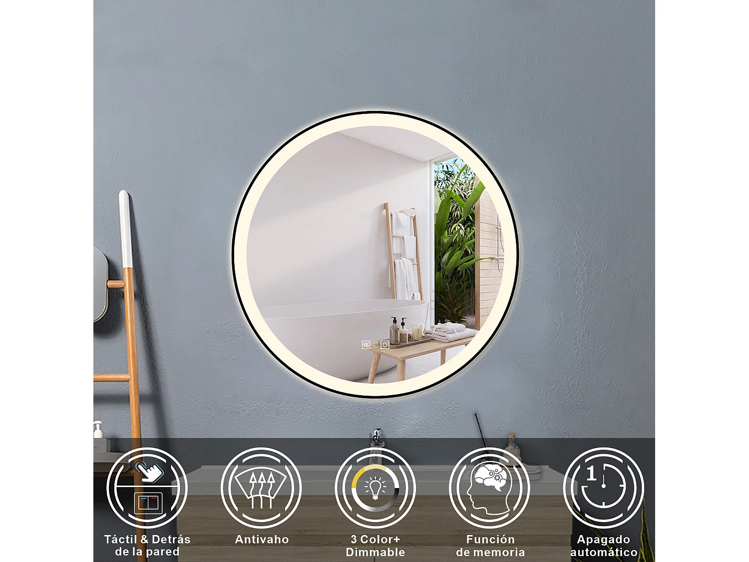 Espejo de baño con Led,80 x 80 cm, Luz led con tres colores,Con función antivaho,memoria agapada y brillo ajustable.Marco negro, diseño contemporáneo.