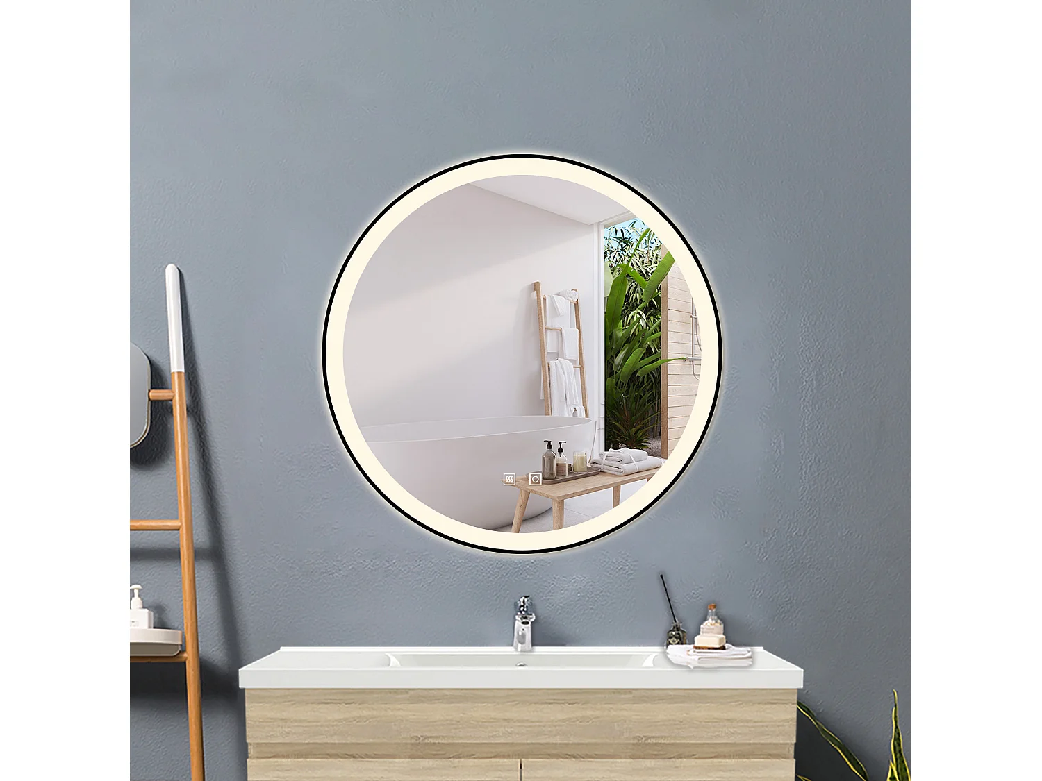 Espejo de baño con Led,80 x 80 cm, Luz led con tres colores,Con función antivaho,memoria agapada y brillo ajustable.Marco negro, diseño contemporáneo.