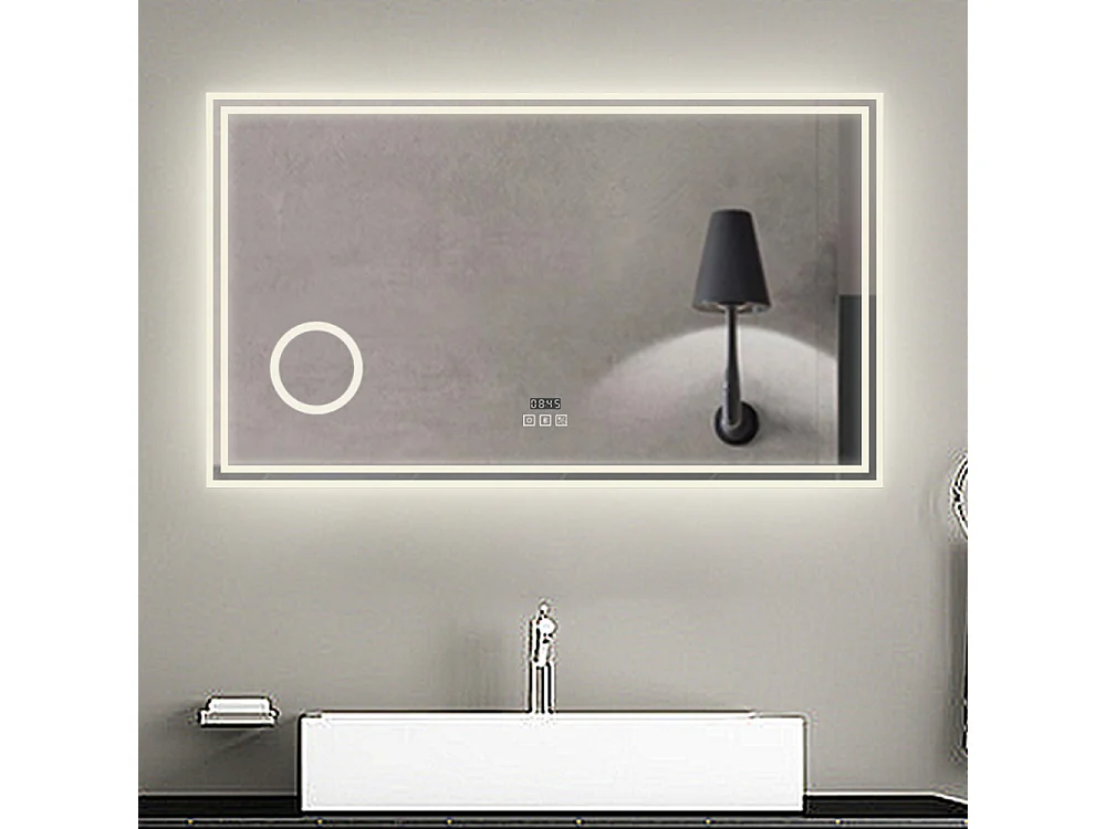 Espejo de baño con Led,140 x 80 cm, Luz led con tres colores,Con función antivaho,reloj digital, bluetooth y Lupa de aumento 3x.