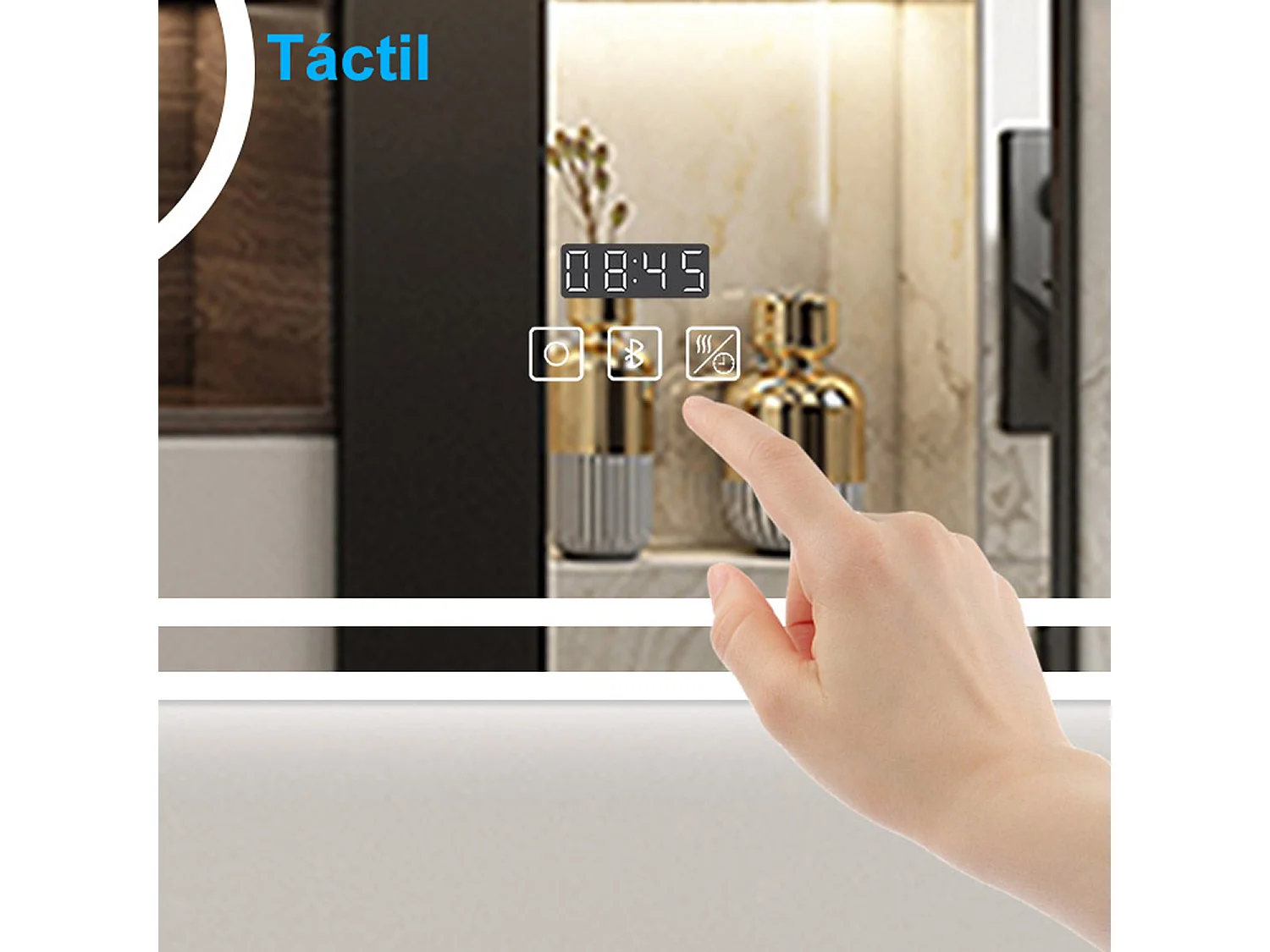 Espejo de baño con Led,140 x 80 cm, Luz led con tres colores,Con función antivaho,reloj digital, bluetooth y Lupa de aumento 3x.