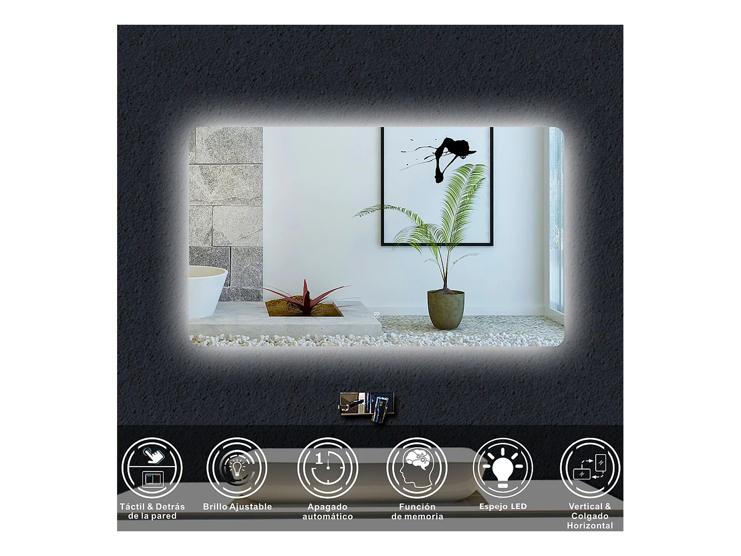 AICA Espejo de baño con luz LED,120 x 80 cm,luz led+ brillo ajustable+ función de menmoria agapada