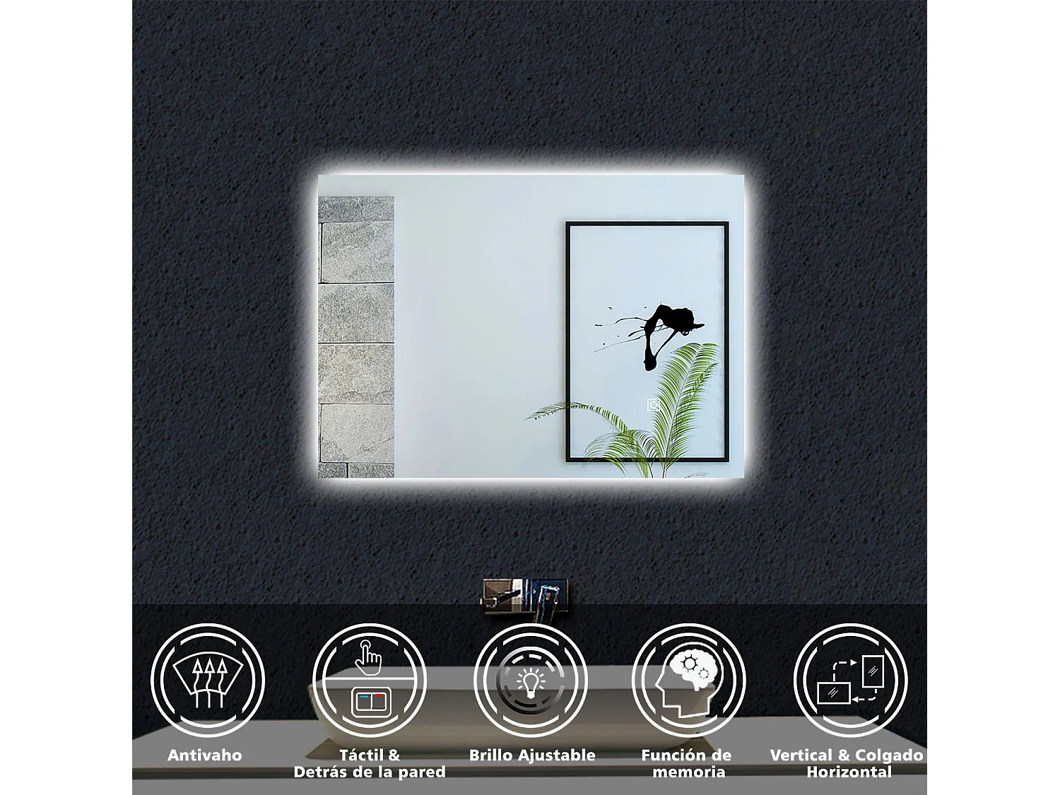 AICA Espejo de baño con luz LED,70 x 50 cm,luz led+ antivaho+ brillo ajustable+ función de memoria agapada