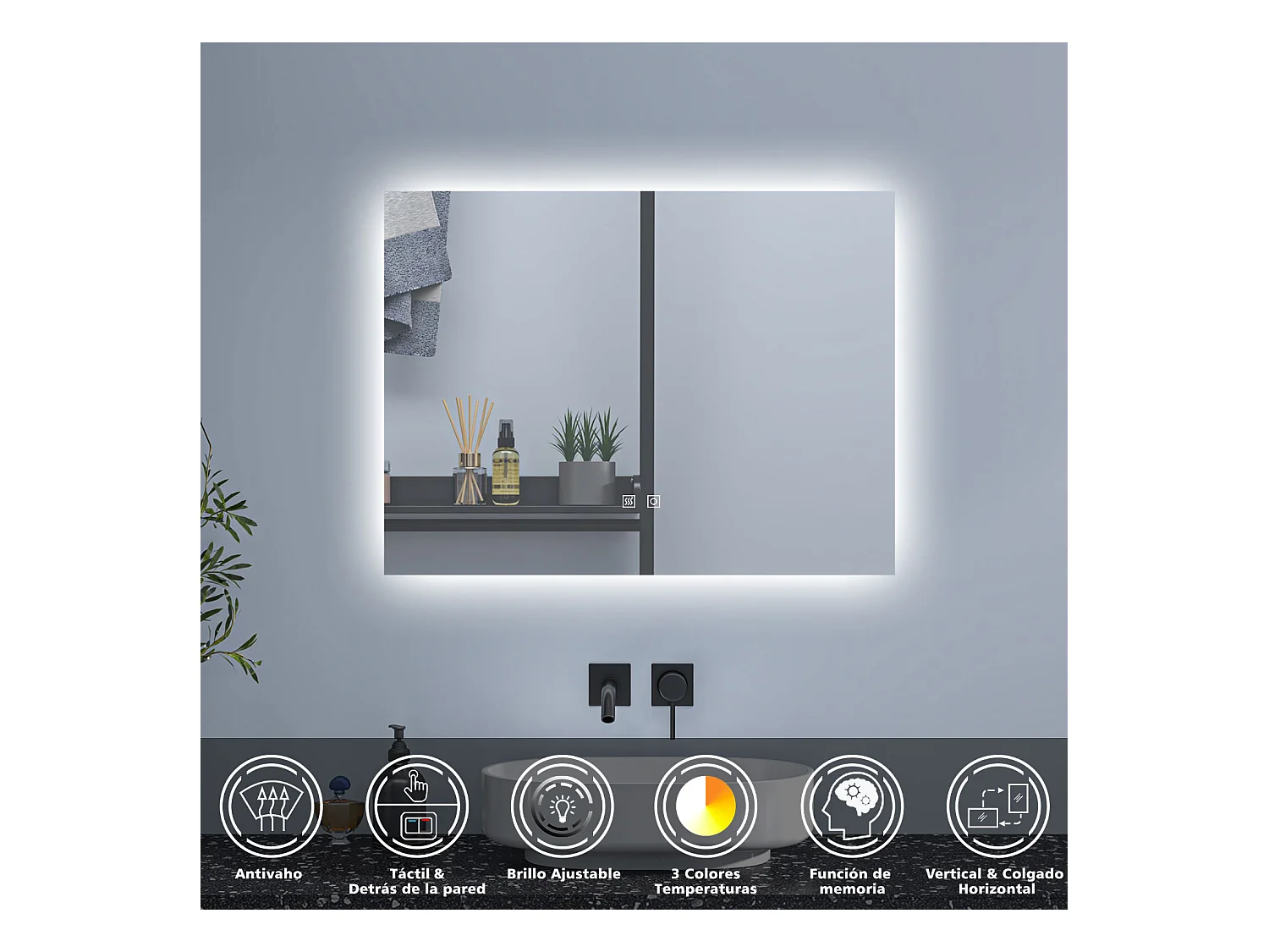 AICA Espejo de baño con luz LED,80 x 60 cm,luz tres colores+ antivaho+ brillo ajustable+ función de menmoria agapada