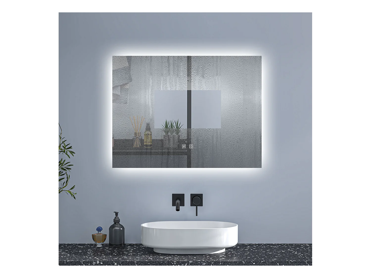 AICA Espejo de baño con luz LED,80 x 60 cm,luz tres colores+ antivaho+ brillo ajustable+ función de menmoria agapada