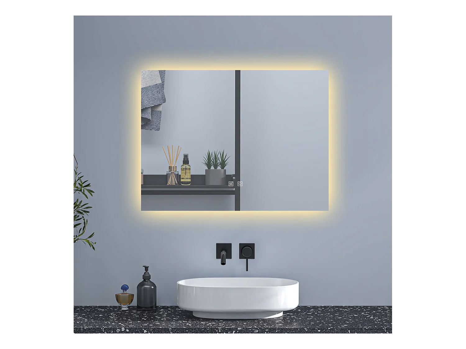 AICA Espejo de baño con luz LED,80 x 60 cm,luz tres colores+ antivaho+ brillo ajustable+ función de menmoria agapada