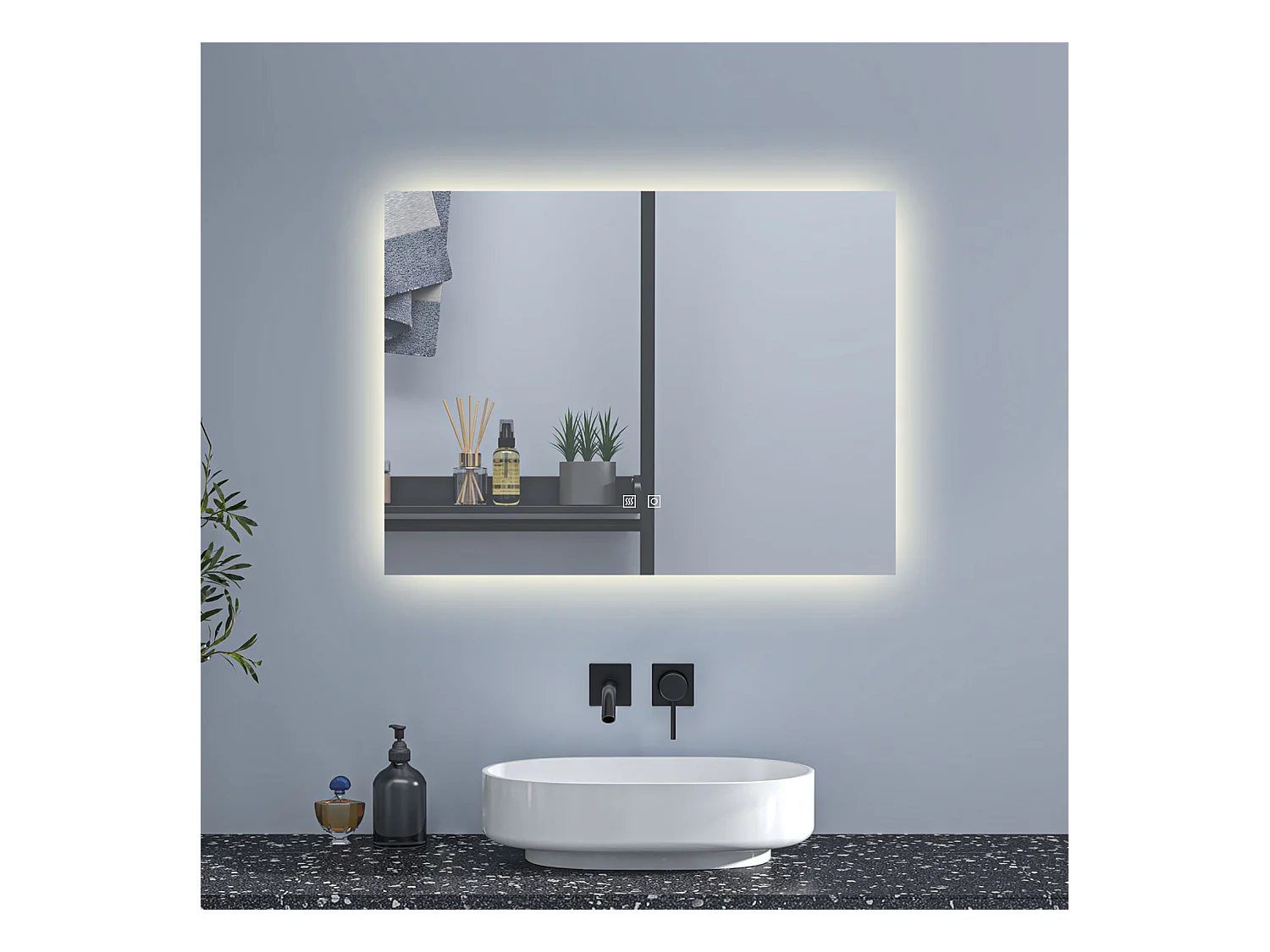 AICA Espejo de baño con luz LED,80 x 60 cm,luz tres colores+ antivaho+ brillo ajustable+ función de menmoria agapada