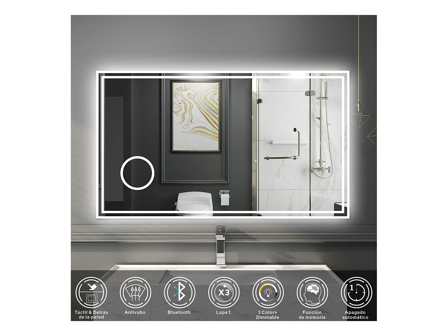 Espejo de baño con Led,120 x 70 cm, Luz led con tres colores,Con función antivaho, bluetooth y Lupa de aumento 3x.