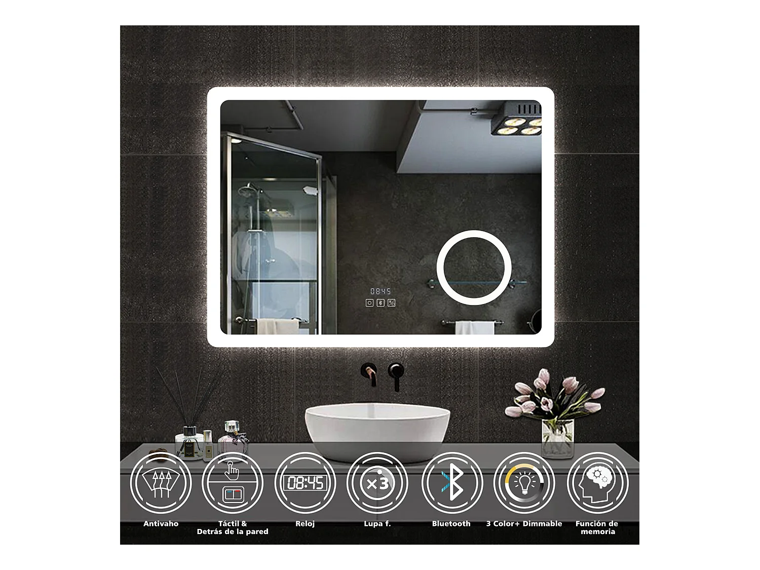 Espejo de baño con Led,80 x 60 cm, Luz led con tres colores,Con función antivaho,reloj digital, bluetooth y Lupa de aumento 3x.