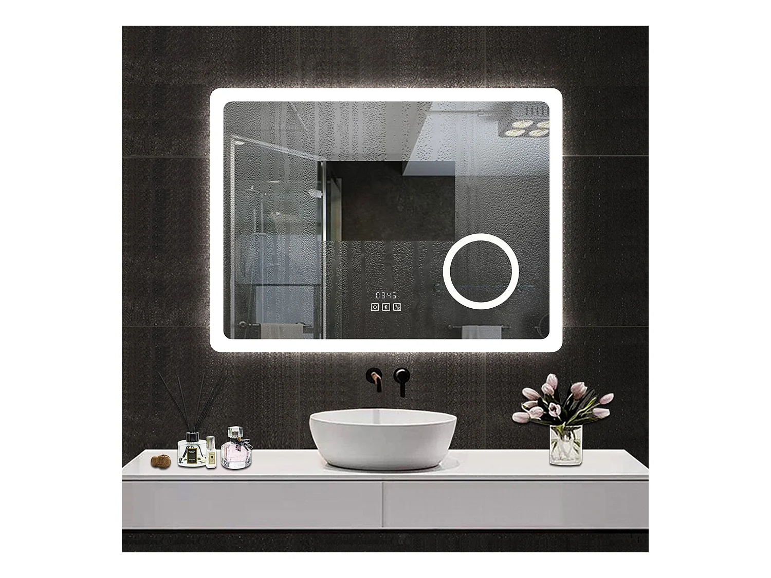 Espejo de baño con Led,80 x 60 cm, Luz led con tres colores,Con función antivaho,reloj digital, bluetooth y Lupa de aumento 3x.