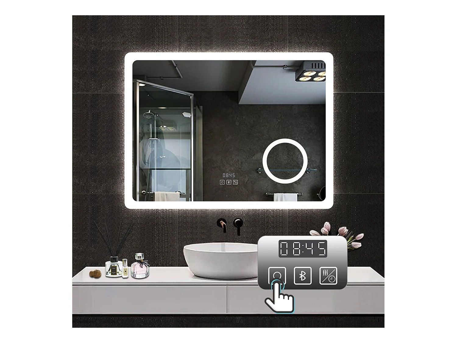Espejo de baño con Led,80 x 60 cm, Luz led con tres colores,Con función antivaho,reloj digital, bluetooth y Lupa de aumento 3x.