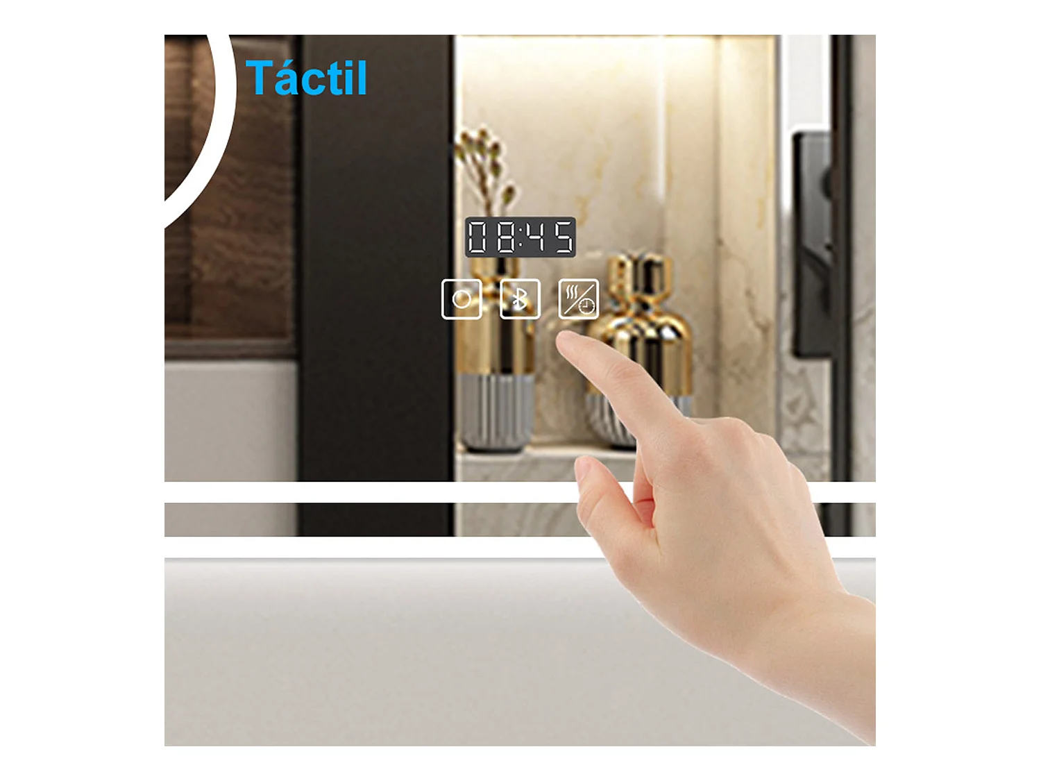 Espejo de baño con Led,80 x 60 cm, Luz led con tres colores,Con función antivaho,reloj digital, bluetooth y Lupa de aumento 3x.