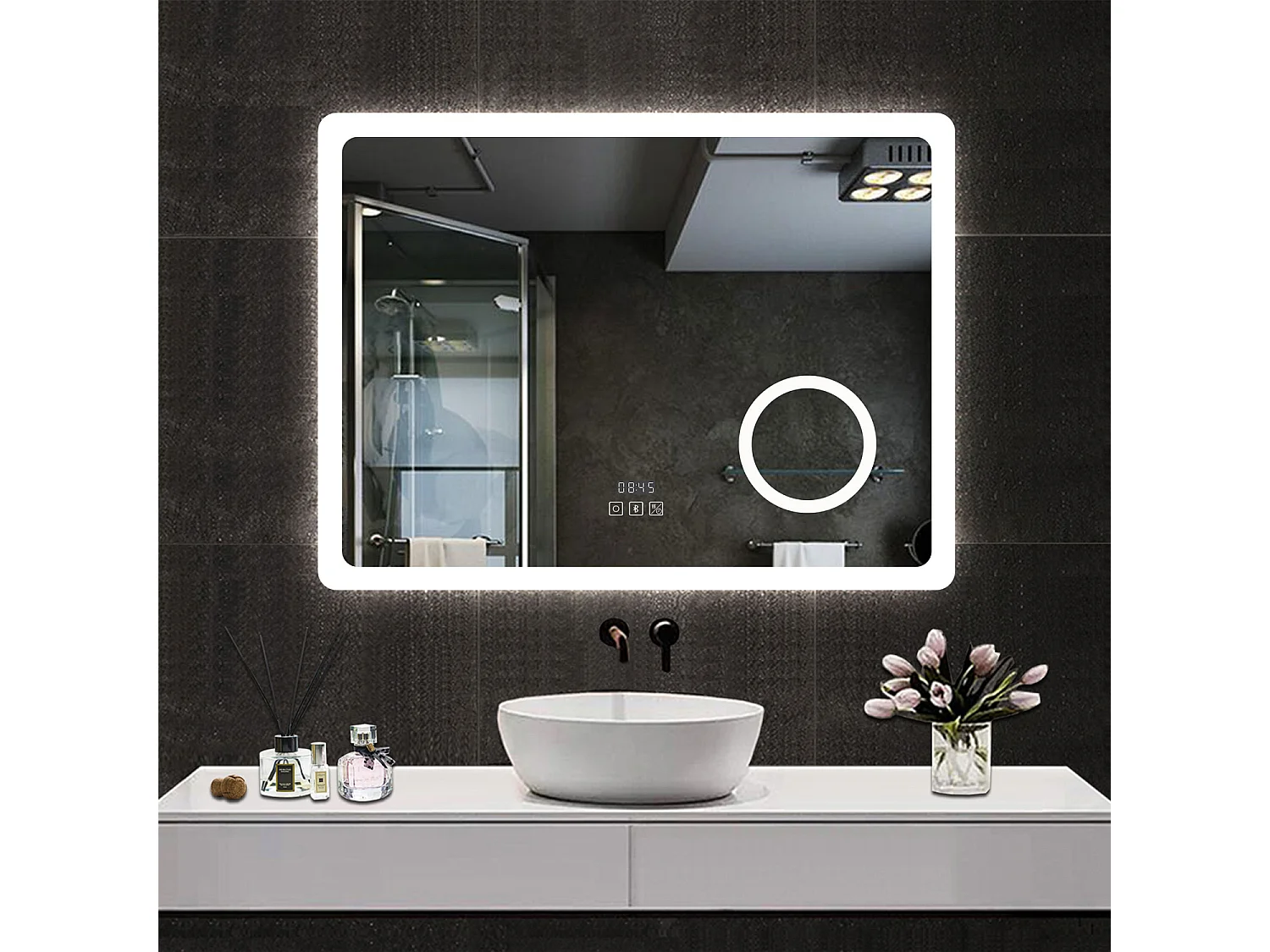 Espejo de baño con Led,80 x 60 cm, Luz led con tres colores,Con función antivaho,reloj digital, bluetooth y Lupa de aumento 3x.