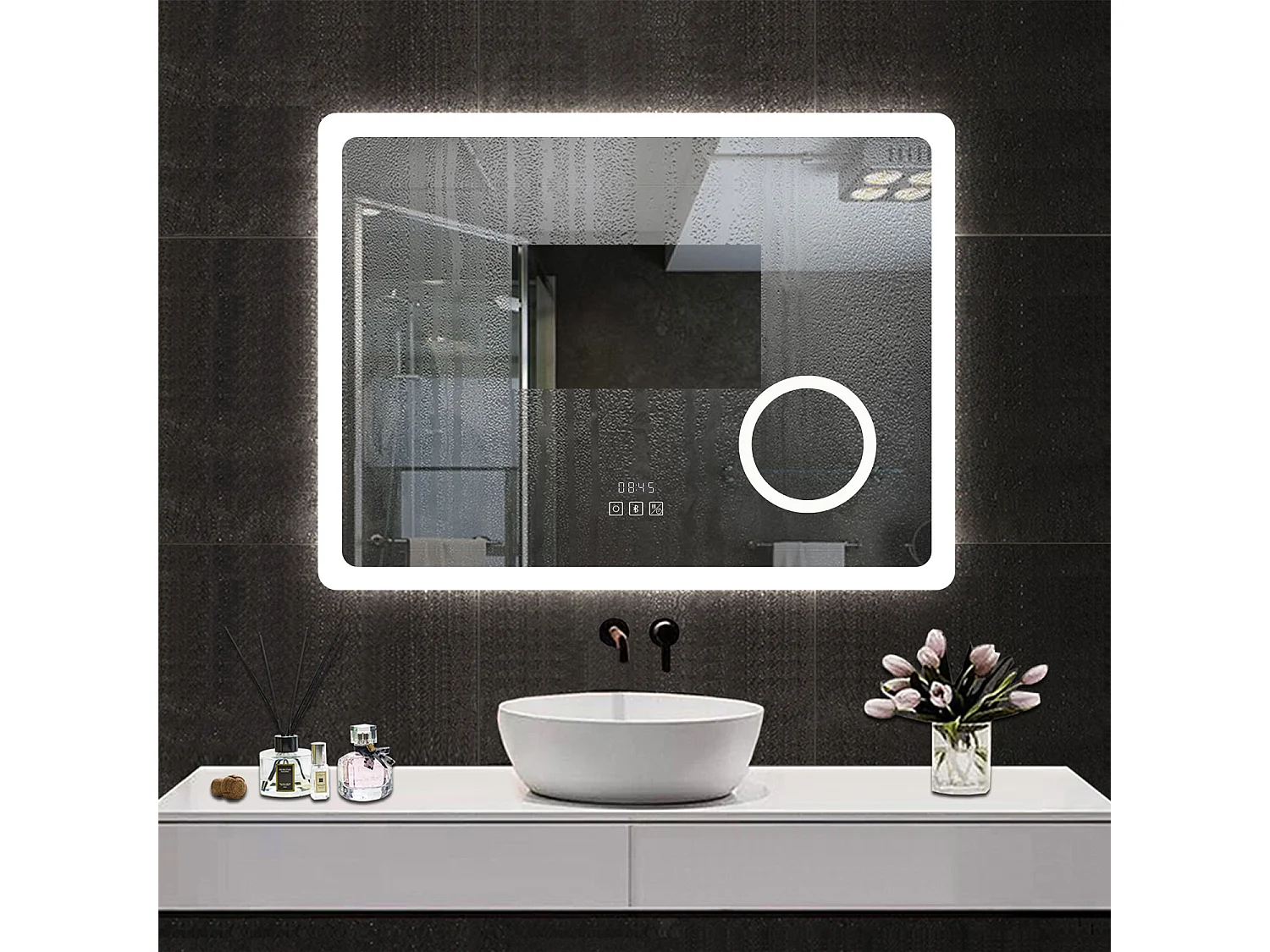 Espejo de baño con Led,80 x 60 cm, Luz led con tres colores,Con función antivaho,reloj digital, bluetooth y Lupa de aumento 3x.