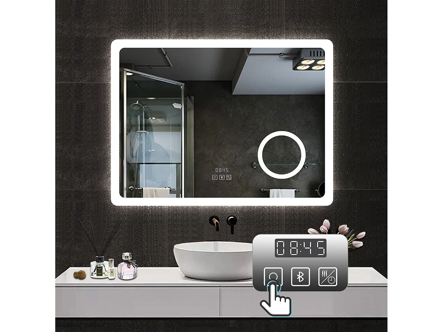 Espejo de baño con Led,80 x 60 cm, Luz led con tres colores,Con función antivaho,reloj digital, bluetooth y Lupa de aumento 3x.