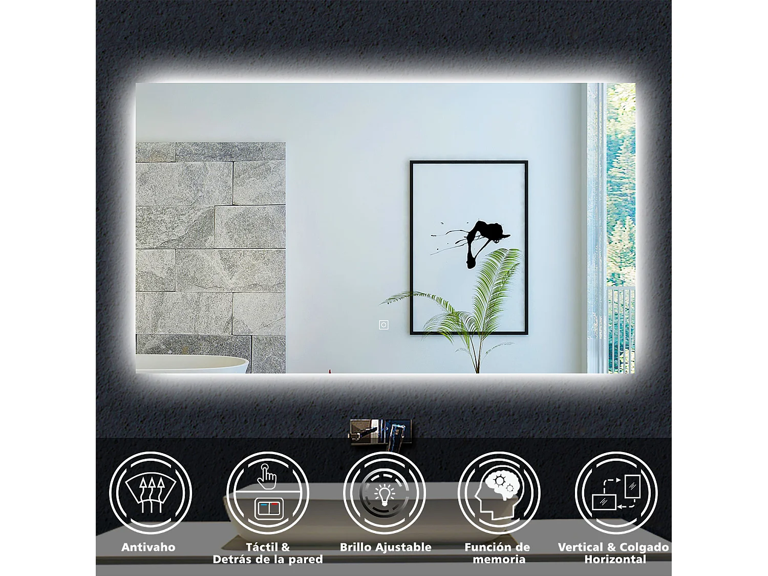 AICA Espejo de baño con luz LED,100 x 60 cm,luz led+ antivaho+ brillo ajustable+ función de memoria agapada