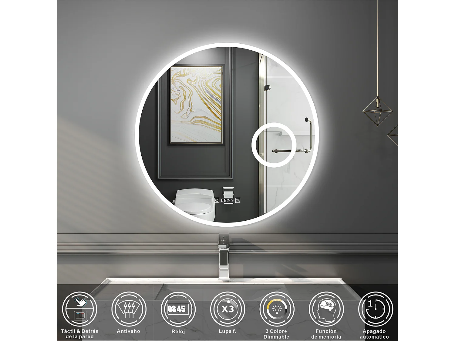 Espejo de baño con Led,80 x 80 cm, Luz led con tres colores,Con función antivaho, bluetooth , reloj digital.