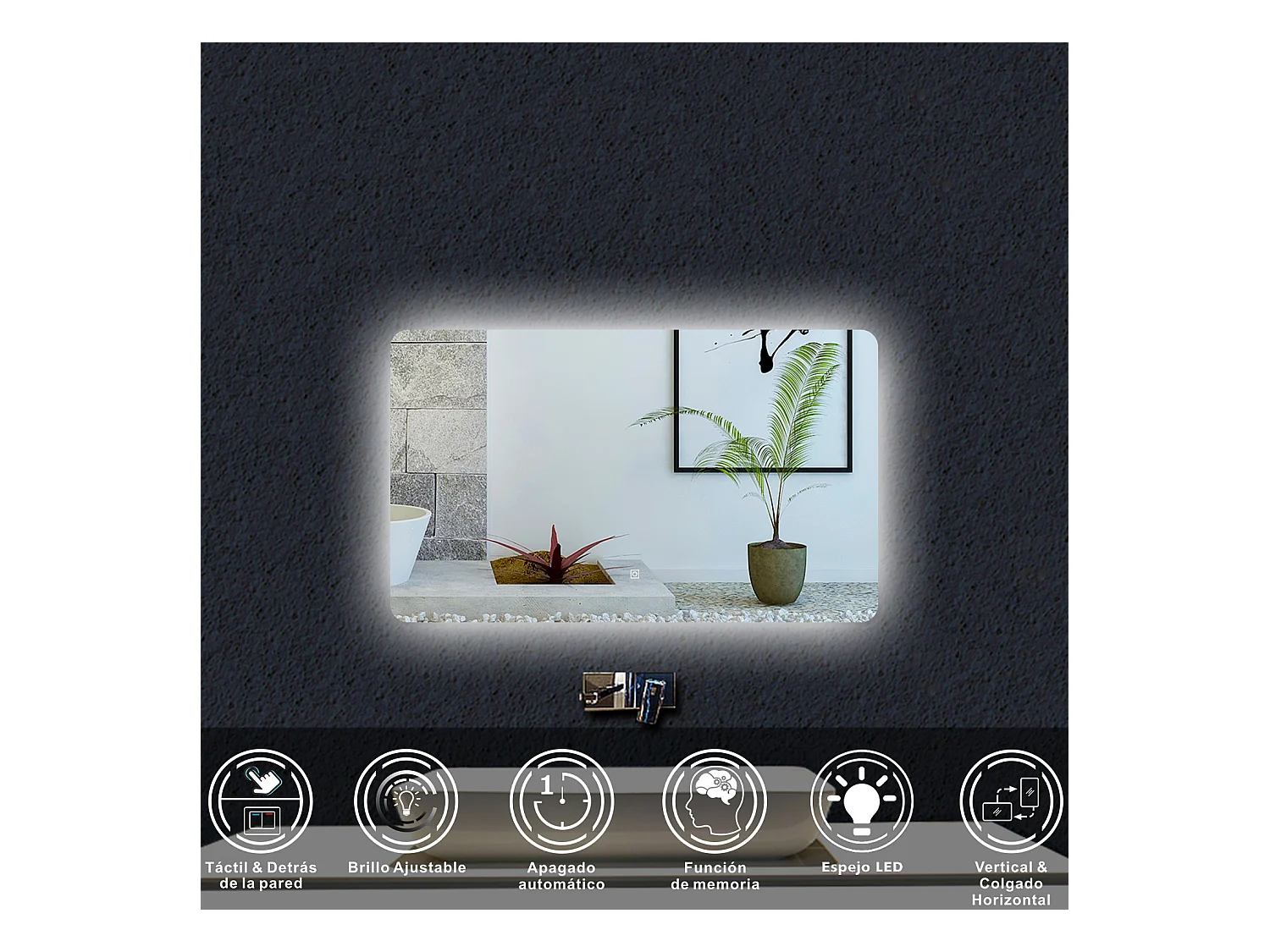 AICA Espejo de baño con luz LED,100 x 60 cm,luz led+ brillo ajustable+ función de menmoria agapada