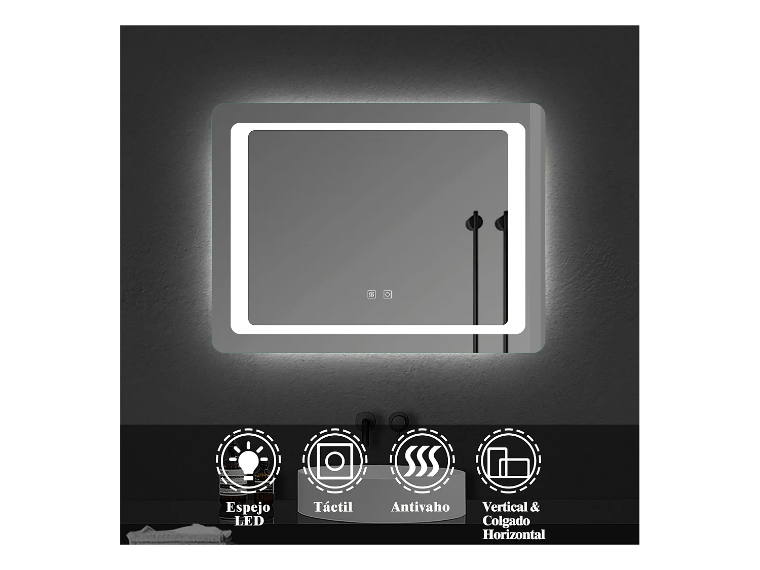 Espejo de baño con Led,100 x 70 cm, luz blanca, rectangular, Con función antivaho, memoria agapada, brillo ajustable.