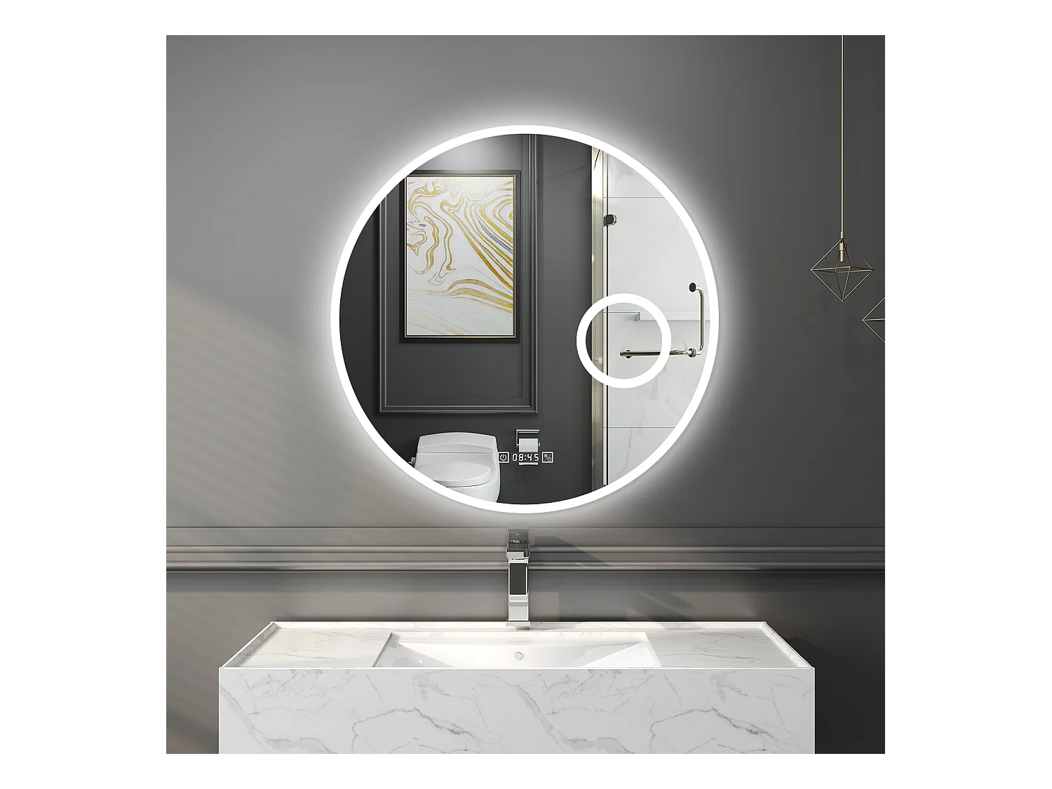 Espejo de baño con Led,70 x 70 cm, Luz led con tres colores,Con función antivaho, bluetooth , reloj digital.