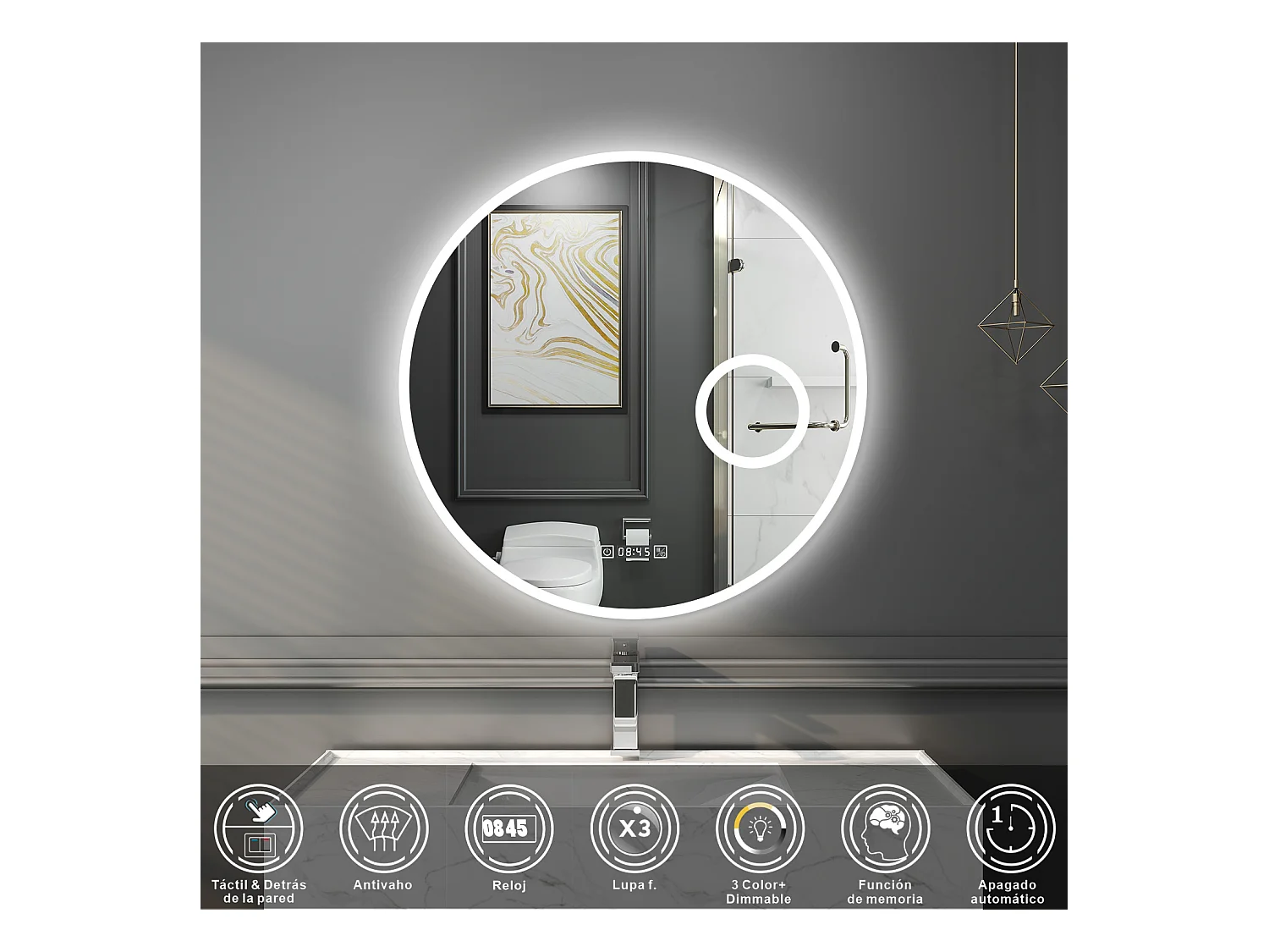 Espejo de baño con Led,70 x 70 cm, Luz led con tres colores,Con función antivaho, bluetooth , reloj digital.