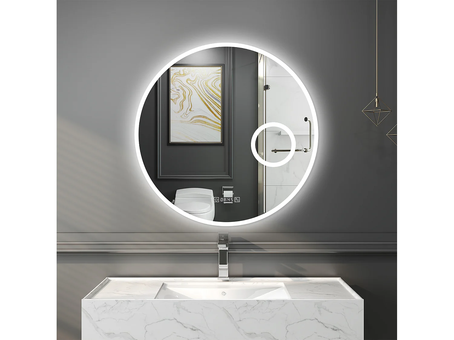 Espejo de baño con Led,70 x 70 cm, Luz led con tres colores,Con función antivaho, bluetooth , reloj digital.