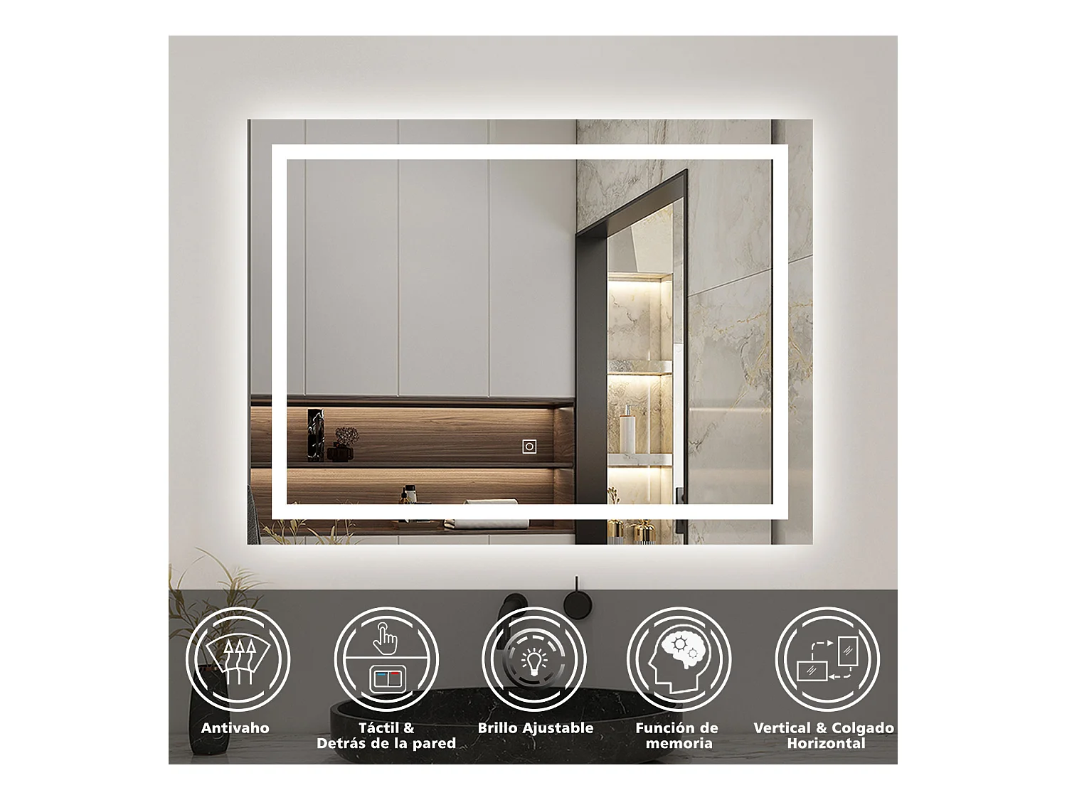 Espejo de baño con Led,80 x 60 cm, luz blanca, rectangular, Con función antivaho, memoria agapada, brillo ajustable.